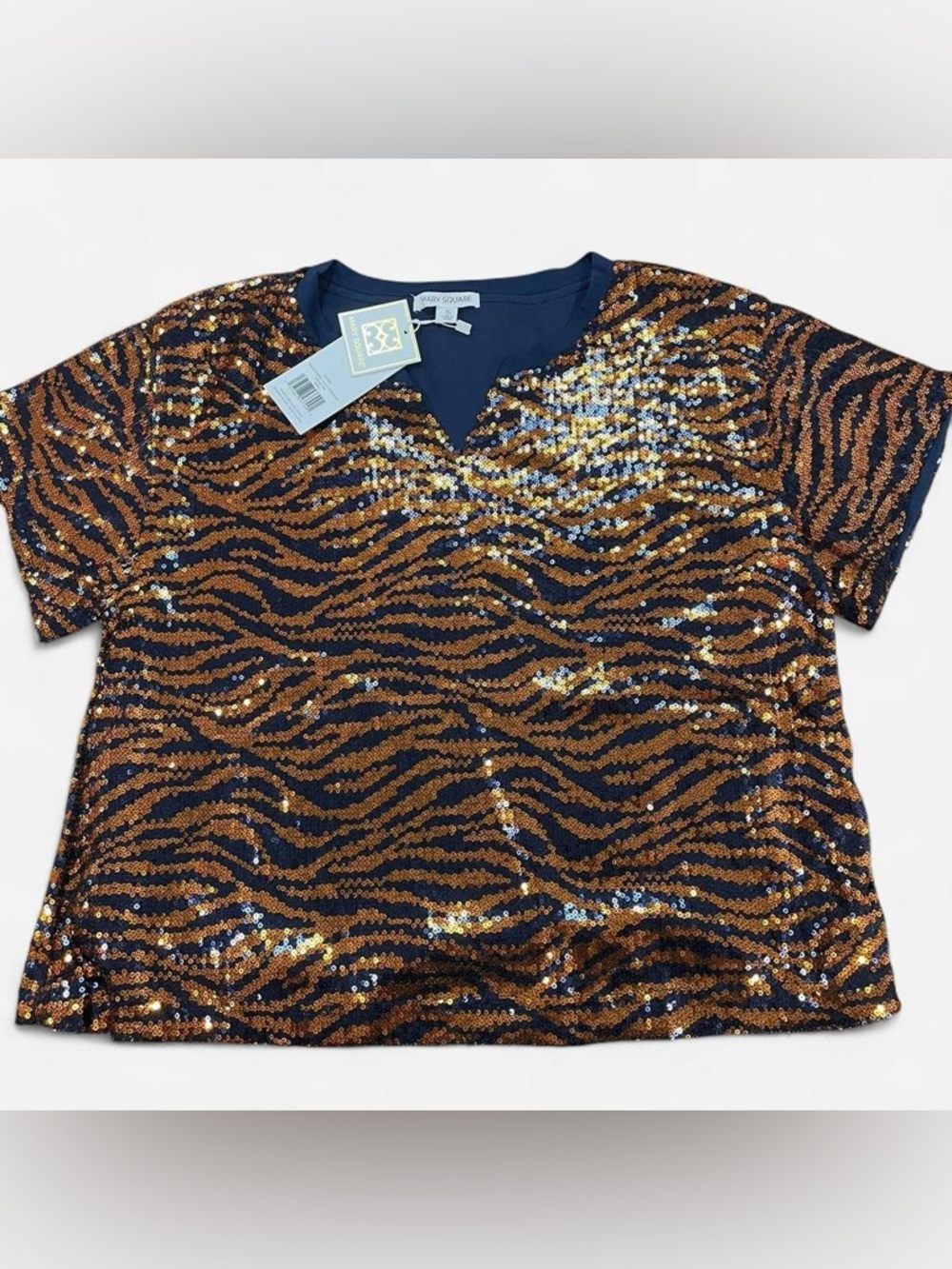 Mary Square Diane sequin top navy and orange tiger stripes - women’s med - NWT